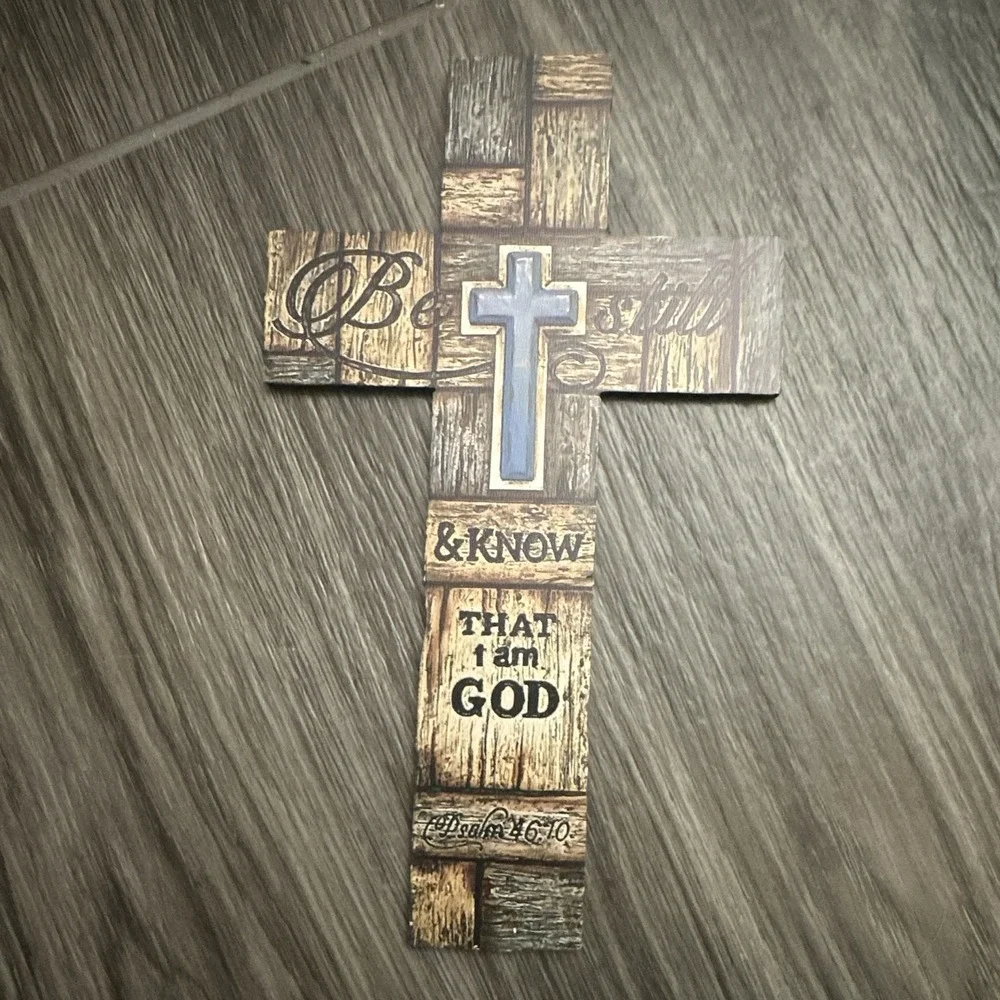 Wood Wall Cross Plaque, Blue Cross Inlay, Psalm 46:10 Be Still & Know